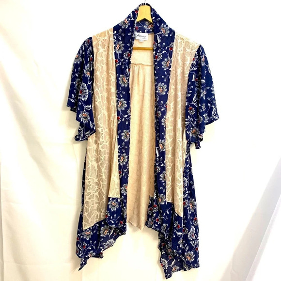 Arianna by Howard’s Tan Lace and Navy Blue Floral Kimono Duster - One Size - Picture 1 of 9